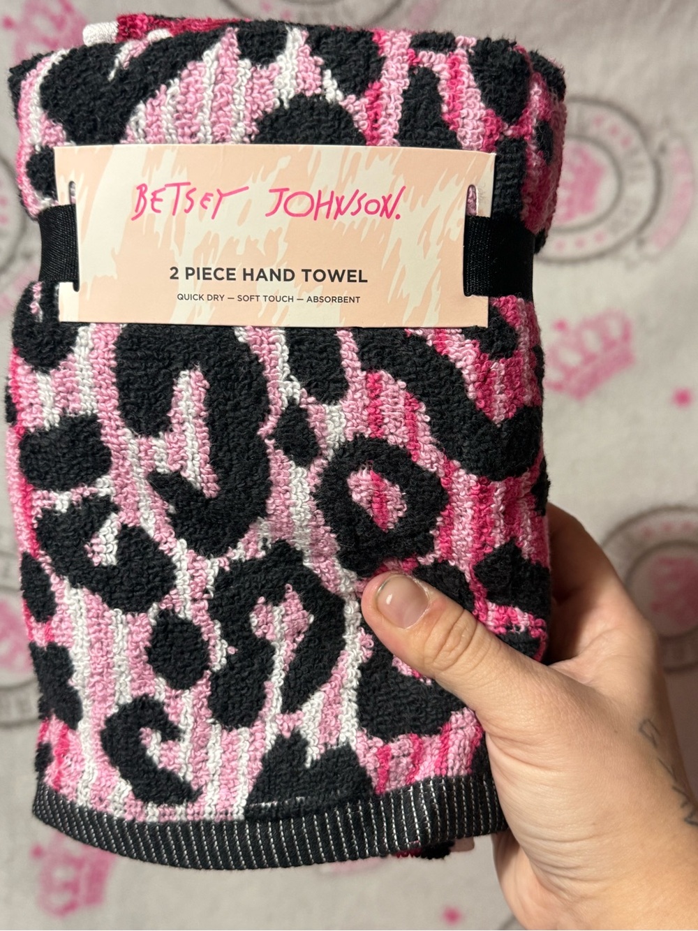 Betsey Johnson Pink & Black Leopard Hand Towels - 2 Piece Set